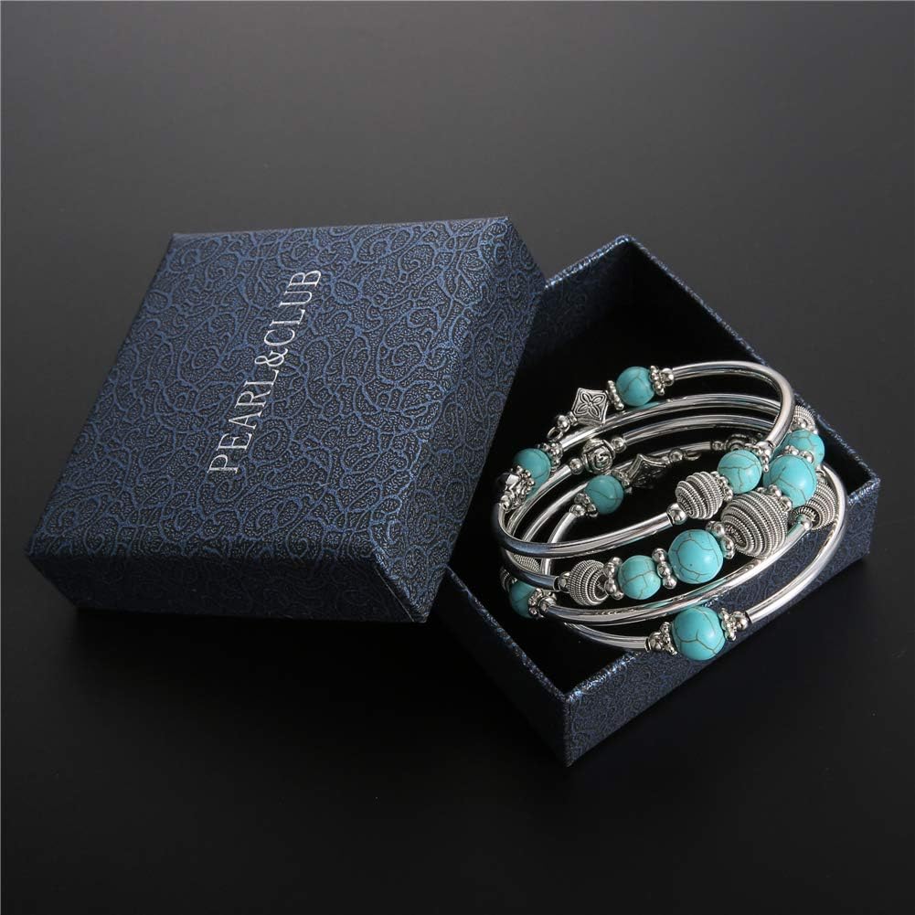 PEARL&CLUB Beaded Chakra Bangle Turquoise Bracelet - Fashion Jewelry Wrap Bracelet with Thick Silver Metal and Mala Beads, Birthday Gifts for Women (A:Turquoise): Jewelry