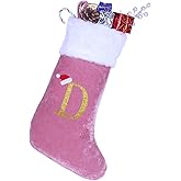 20 Inches Monogram Christmas Stockings with Letters, Large Super Soft Christmas Stockings Pink Velvet with White Super Soft Plush Cuff for Xmas Tree Holiday Fireplace Gold Letter D