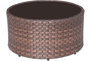 SUNSITT Round Outdoor Coffee Table with Tempered Glass Top, Rattan PE Resin Wicker Patio Side Table, Brown