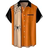 Mens Halloween Shirt Pumpkin Printed Hawaiian Bowling Short Sleeve Casual Button Down Holiday Shirts