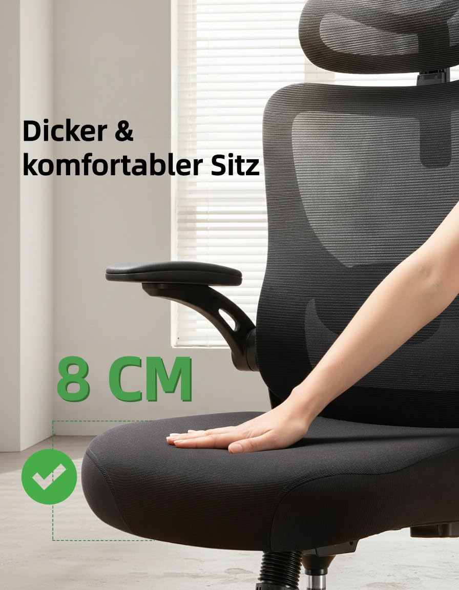 Marsail Bürostuhl Ergonomisch Schreibtischstuhl hat Verstellbarer Lordosenstütze Kopfstütze und Armlehne Höhenverstellung und Wippfunktion, Schwarz 4