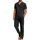 Yuyanrocks Men's 2 Piece Outfits Casual Beach Short Sleeve Button Down Shirts Loose Pant Sets Summer Vacation Walking Outfits