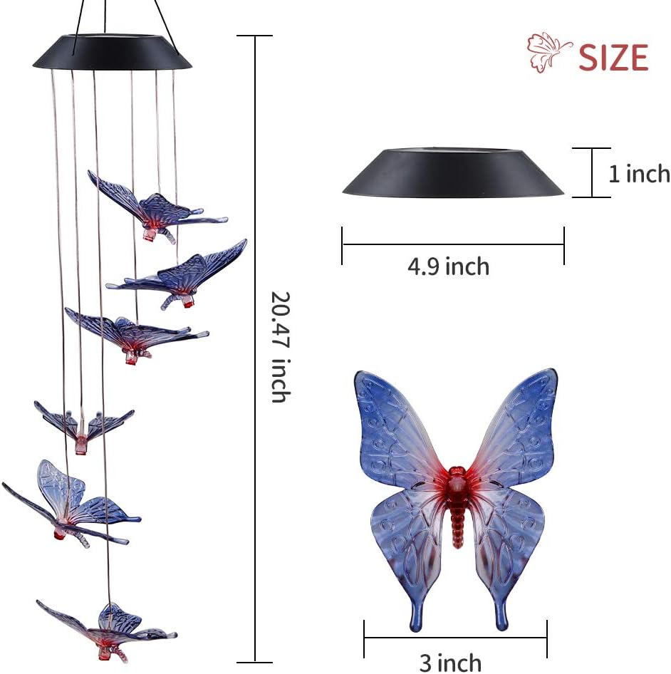 ecoeco LED Solar Butterfly Wind Chime, Wind Chimes Outdoor Changing Color Waterproof Six Hanging Lights Wind Chimes Solar Mobile for Home Party Night Garden Decoration : Garden & Outdoor