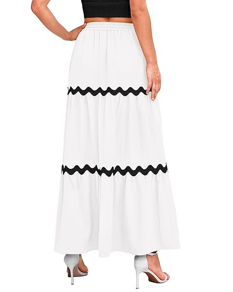 KIRUNDO WHITE SKIRT WOMENS 2024 SUMMER DRAWSTRING HIGH WAISTED FLOWY BOHO MAXI SKIRT CUTE A LINE BEACH SKIRT CRUISE VACATION OUTFITS FOR WOMEN(LARGE, WHITE)