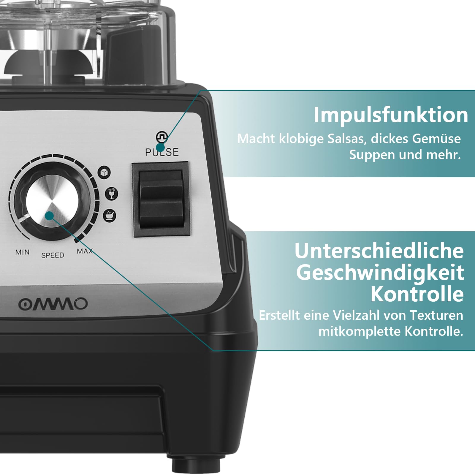 OMMO 1.8L Standmixer Hochleistungsmixer, Mixer Smoothie Maker, 300ml To-Go Becher, 6-Fach Metallmesser, Pulsfunktion, MAX 1800W, Becher BPA Frei, Ice Crusher, Protein Shake Mixer 4