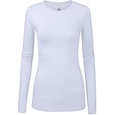 Womens Junior Basic Solid Multi Colors Slim Fit Long Sleeve Round Neck Top (1100-White, Large)