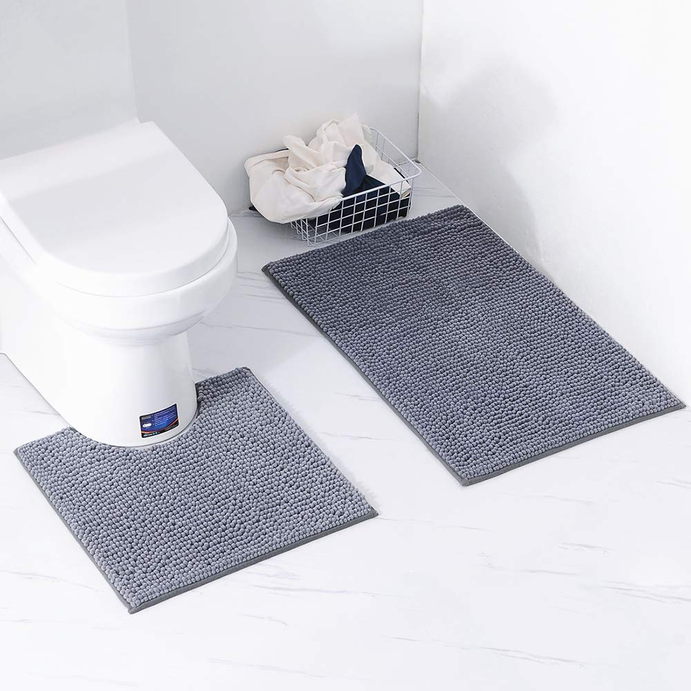 ele ELEOPTION Non-slip Stand Bath Mat Set Breathable Memory Foam Bath Mats Comfortable Soft Water Absorbent Toilet Bathroom Rug Set of 2 grey
