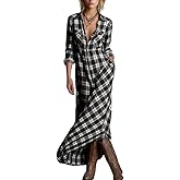 Womens Plaid Maxi Dress Lapel Long Sleeve Button Down Shirt Dress Vintage Western Flowy Dresses with Pockets