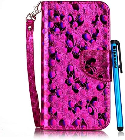 S7 Flip Case, Qiyuxow Luxury Diary Leather Case Hot Pink [Laser Butterfly] [Wrist Strap] PU Leather Wallet Cover with Card Slots for Samsung Galaxy S7