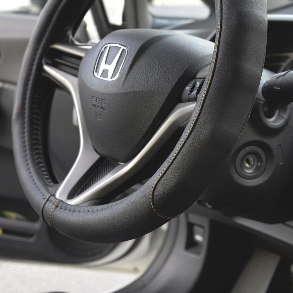 Motor Trend GripDrive Pro Synthetic Leather Auto Car Steering Wheel Cover Black w/ Beige Accent Stitching Comfort Grip - Small 13.5 to 14.5 inch - SW-761-BG-S__AM: Automotive