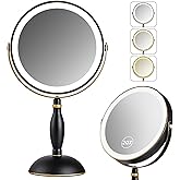 Lighted Makeup Mirror, 20x Magnifying Rechargeable Double Side Vanity Mirror, 3 Color Lights with Brightness Adjustable, Matte Black with Gold Trim, Modern Style Side Touch + Side Charge, Women Gift