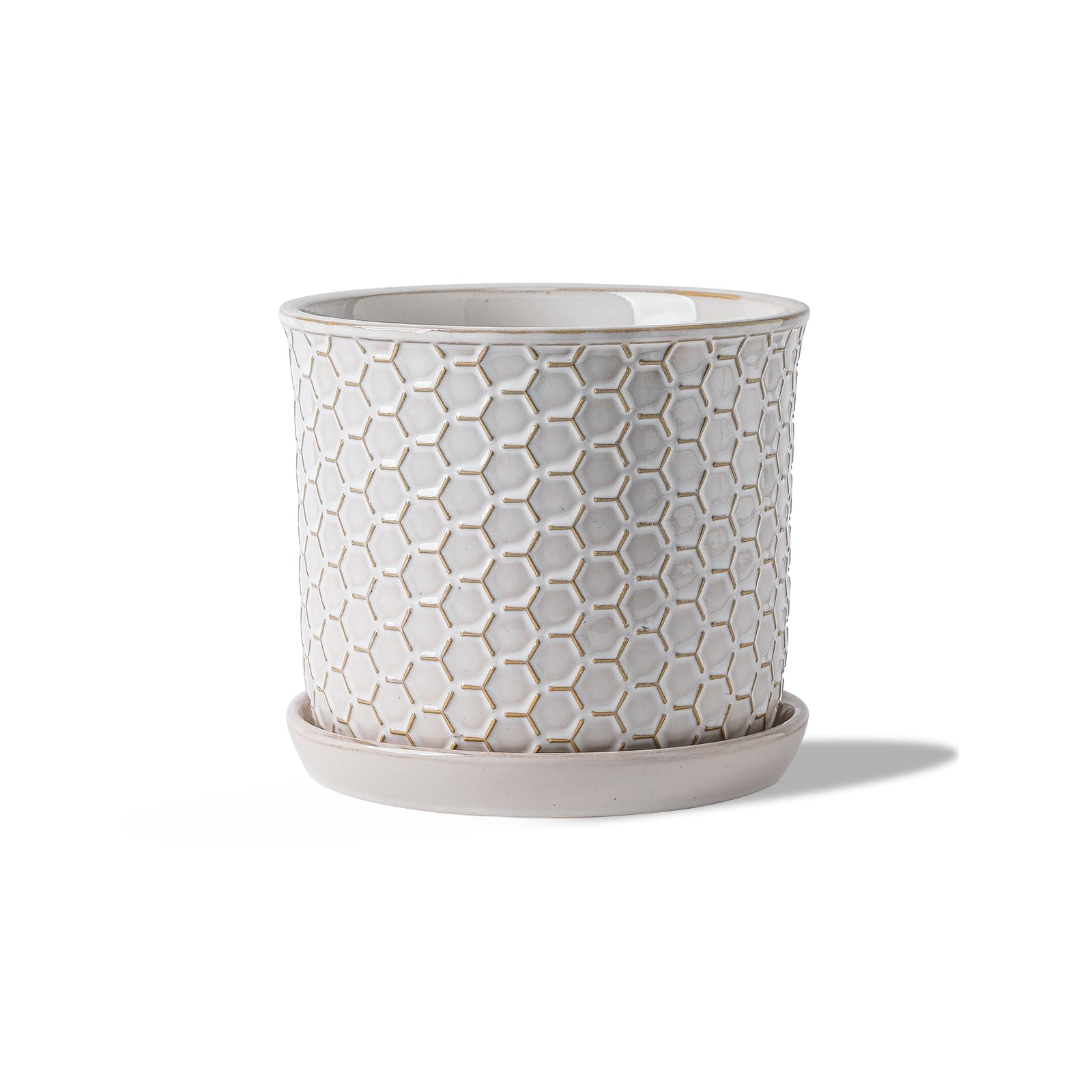 Photo 1 of Chubacoo 5.8 Inch Plant Pot: Ceramic Planter with Drainage Hole & Saucer - Flowerpot for Indoor & Outdoor Plants with Separate Tray for Home & Office - Honeycomb Design, Cream White