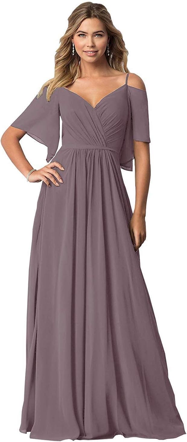 MEET Spaghetti Chiffon Bridesmaid Dresses Long V-Neck Cold Shoulder Ruffles Formal Evening Gown
