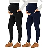 Fotociti Maternity Fleece Lined Leggings with Pockets Over The Belly,Womens Pregnancy Thermal Warm Workout Yoga Pants Winter
