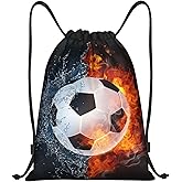 Kids Soccer Drawstring Bags for Boys Girls, Sports-Themed Drawstring Backpack Casual Knapsack with Water and Fire Printed for Teens Adults Women Men for Gym Travel Swimming Hiking Camping, Small