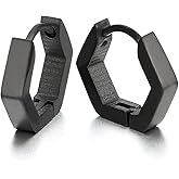 Pair Stainless Steel Plain Black Hexagon Huggie Hinged Hoop Earrings for Unisex Men Women