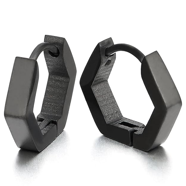 Paar Schwarz Hexagon Edelstahl Glatte Creolen für Herren Damen, Edelstahl Huggie Ohr Manschette Ohrringe
