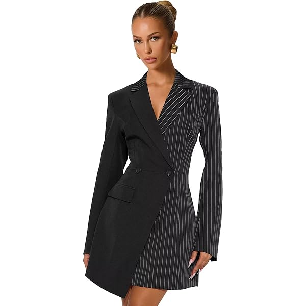 Pinstripe Blazer Dress for Women Petite Peak Lapel Black Work Dresses  Business Short Sleeve Blazer Jacket with Tie Size X-Small at Amazon Women's  Clothing store
