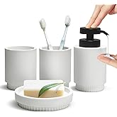 WEITESI HOME Resin Bathroom Accessories Set, 4 Pcs Modern Bathroom Accessory Set with Liquid Plastic Pump Lotion Soap Dispenser,2 Toothbrush Cup, Soap Dish Countertop Vanity Organizer(White)