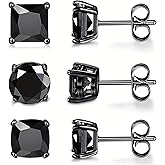 VOLUKA Black Cubic Zirconia Stud Earrings for Women Men - 3 Pack of Surgical Stainless Steel Black Gold Plated Hypoallergenic for Sensitive Ears Simulated Diamond CZ