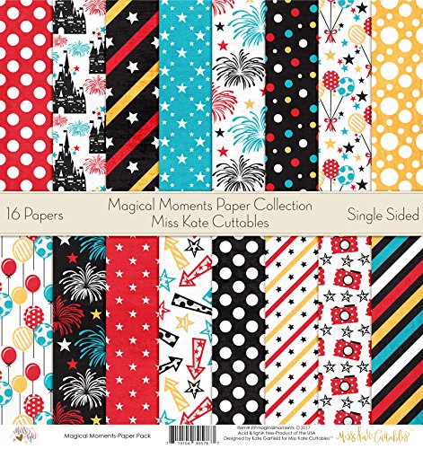 Magic Moments Printed Scrapbook Paper Set By Miss Kate Cuttables: Craft Supplies For Scrapbooking, Single Sided 12"x12" Decorative Cardstock Collection Kit With Amusement Park Theme (Pack Of 16)