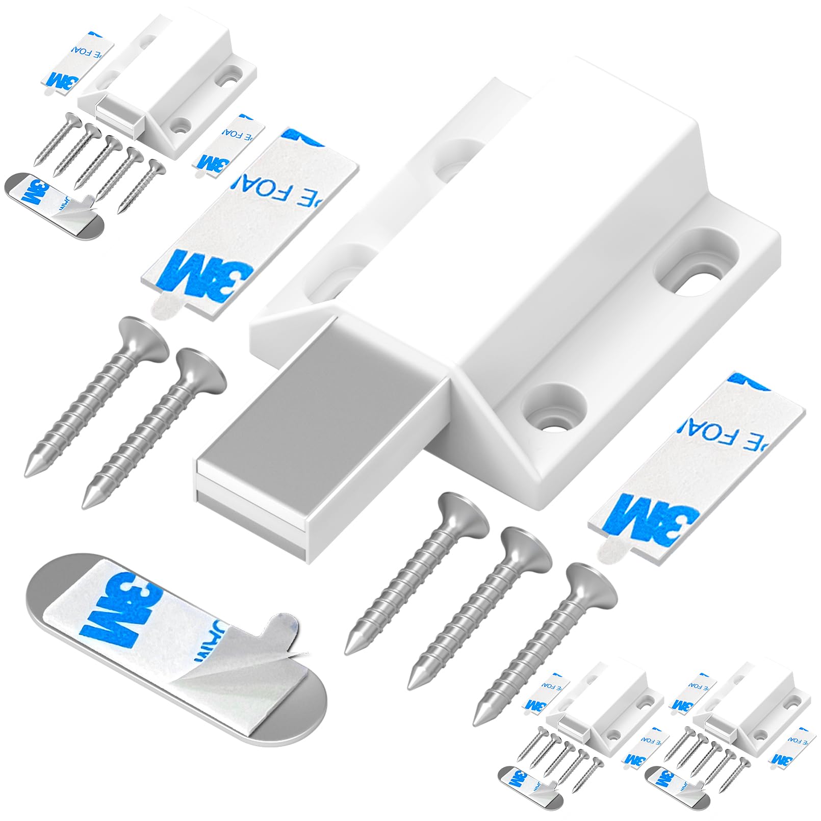 Tonitrui Magnetic Push Latches Without Nail Installation Push to Open Door Latch, No Screw Adhesive Magnetic Catch,Touch Release Pop Out Hardware for for Cabinets,Kitchen, Closet (White 4 Pack)