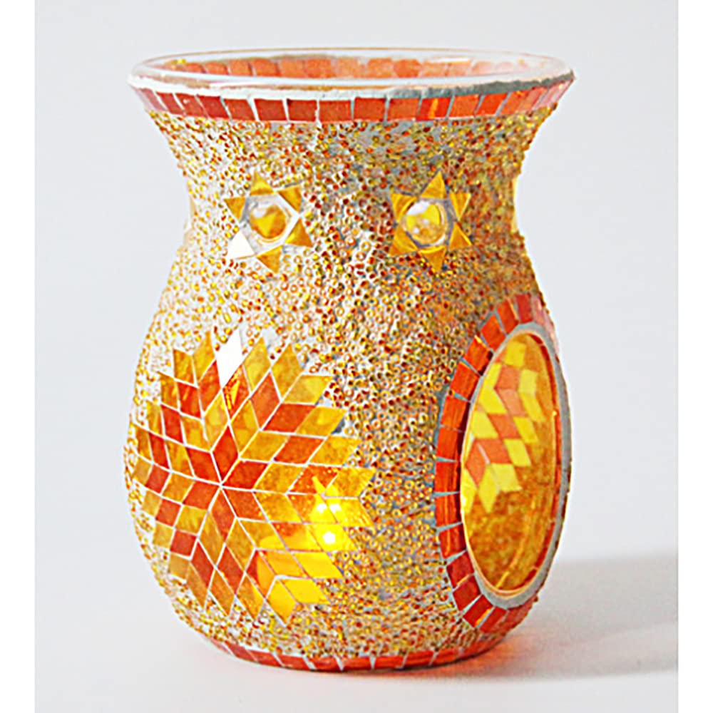 ANCLLO Ethnic Style Sun Flower Mosaic Glass Candle Holder, Table Centerpiece for Home Decor Wedding(Orange)