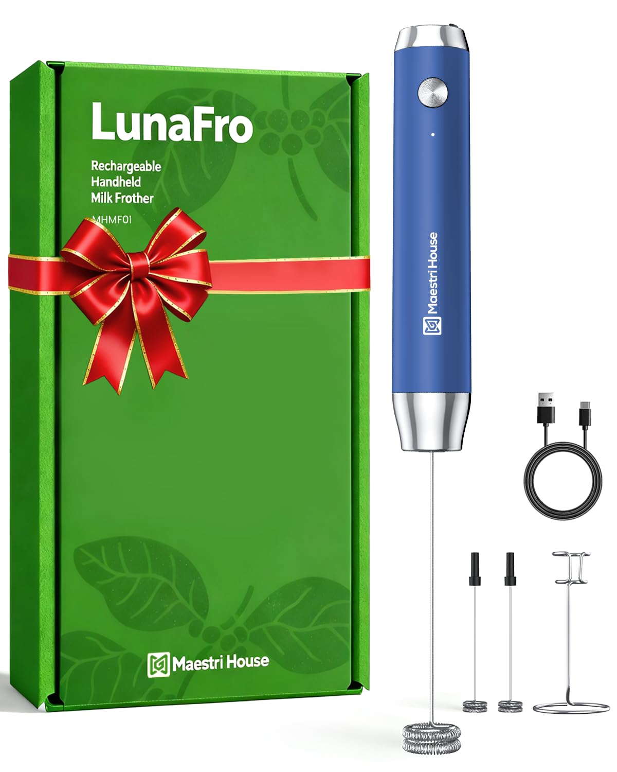 Maestri House Rechargeable Milk Frother with Stand, Handheld Electric Foam Maker Waterproof Detachable Stainless Steel Whisk Drink Mixer Foamer for Lattes, Cappuccino (Midnight Blue (Gift Box)) Image