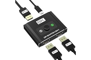CLOSS DisplayPort Switch 2 in 1 Out, 8K@60Hz DP 1.4 Switcher Selector Box, Unidirectional Display Port Switcher for Dual PCs & Gaming Consoles, 4K@144Hz DP Switch with DSC Support (DP Cables Not Included)