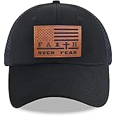 Leather American Flag Faith Over Fear Trucker Hats for Men Women, Adjustable Mesh Snapback Baseball Cap
