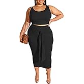 MRSFITOK Plus Size Women 2 Piece Outfits Sets Sexy Tracksuit Midi Dress,Sleeveless Tank Top Bodycon Skirts Set Casual Summer