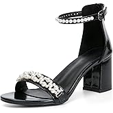 WOJWSKI Women's Heels Sandals for Women Open Toe Fashion Pearls Platform Heeled Sandals Ankle Strap Block Chunky Low Heel Pump Sandal Party Wedding Dress Shoe