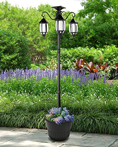 Sun-Ray 312013 Madison 3-Head Solar LED Lamp Post and Planter, 7 ft, Black, Batteries Included
