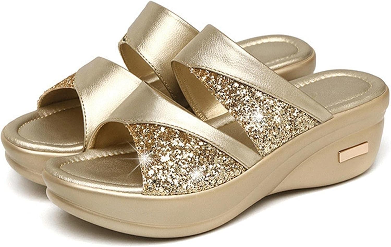Summer Slippers Ladies Glitter PU Wedges Shoes Female Casual Slingbacks