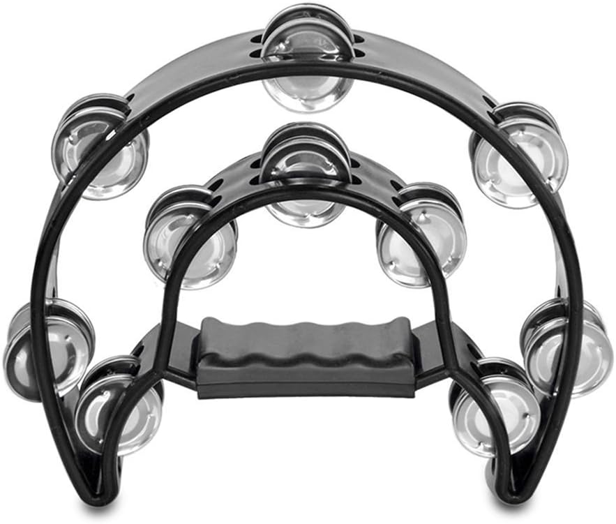 Uvipu Half Moon Double Rows Grip Tambourine For Church For Kids Tambourine Handle Instrument Black