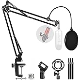 Microphone Stand for Blue Yeti, Quadcast Boom Arm Scissor Mic Stand with Windscreen and Double layered screen Pop Filter Heav