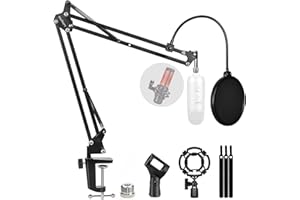 LULING ARTS Microphone Stand for Blue Yeti, Quadcast Boom Arm Scissor Mic Stand with Windscreen and Double layered screen Pop Filter Heavy Duty Mic Boom Scissor Arm Stands, Broadcasting and Recording.Game