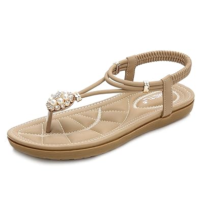 CARETOO Damen Sandalen Flach Sommer Bohemia Beach Sandal Elastischen Strand Strass Zehentrenner