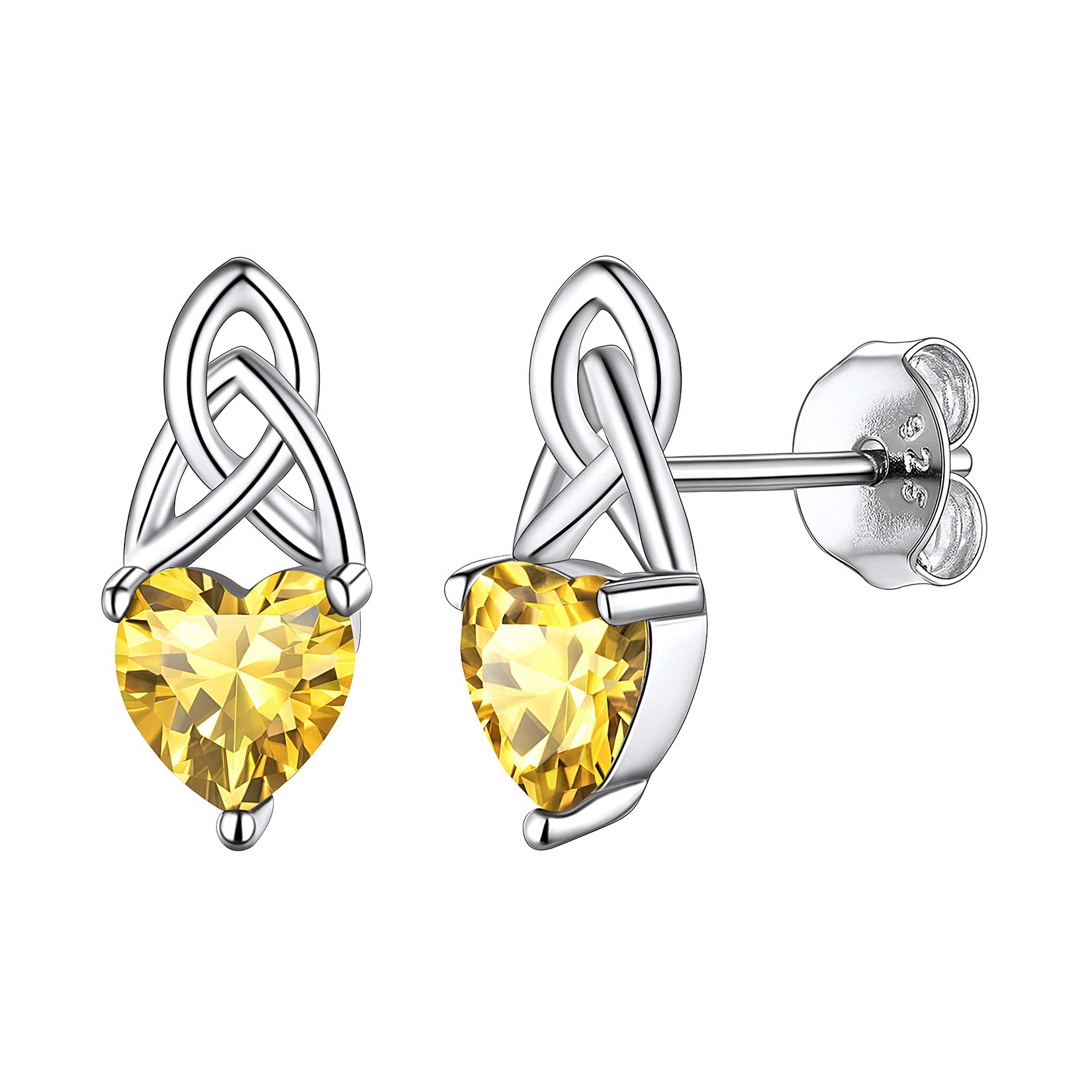 925 Sterling Silver Dainty Cute Hypoallergenic Triquetra Celtic Knot Heart Shaped Simulated Citrine rnet November Birthstone Stud Earrings Irish Jewelry for Women Teens