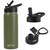 Aiivow Insulated Water Bottle 32 oz with Straw, Metal Vacuum Stainless Steel Water Flask, Leak Proof & BPA-Free Sports Mens Water Bottle (2 Lids) for Gym,Hiking,Travel, Green
