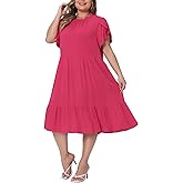 Agnes Orinda Plus Size Dress for Womens Tie Back Petal Sleeve Mock Neck Ruffle Hem A-Line Swing Midi Dresses