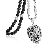 BLEUM CADE Men's Stainless Steel Lion Head Pendant Necklace,Black Natural Agate Stone Chain 26"