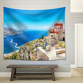 Amazing View on Remote Church with Red Roofing on The Cliff of The Sea, Greece - Fabric Wall Tapestry Home Decor - 51x60 inches
