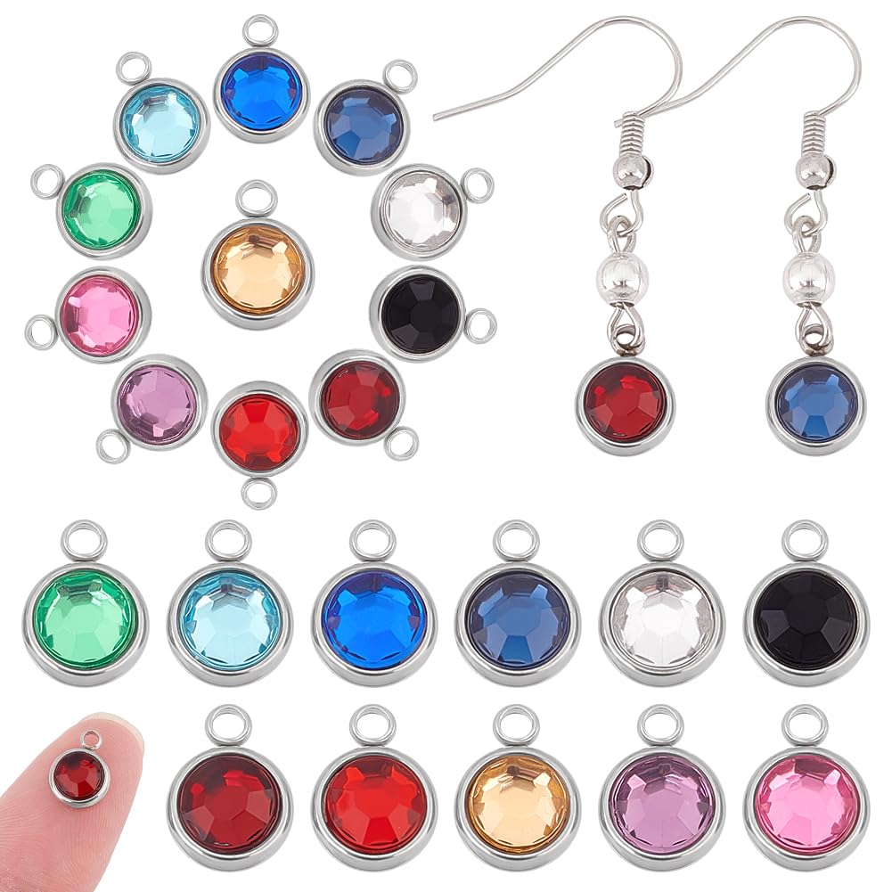UNICRAFTALE 22pcs 11 Colors Rhinestone Charms Stainless Steel Birthstone Pendants Flat Round Faceted Charms for DIY Jewelry Making 1.3mm Hole