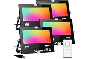 CHANGM LED Flood Lights RGB Color Changing 300W Equivalent Outdoor, 30W Bluetooth Smart RGB Floodlight APP Control, IP66 Waterproof, Timing, 2700K&16 Million Colors 23 Modes for Garden Stage Lighting 4 Pack
