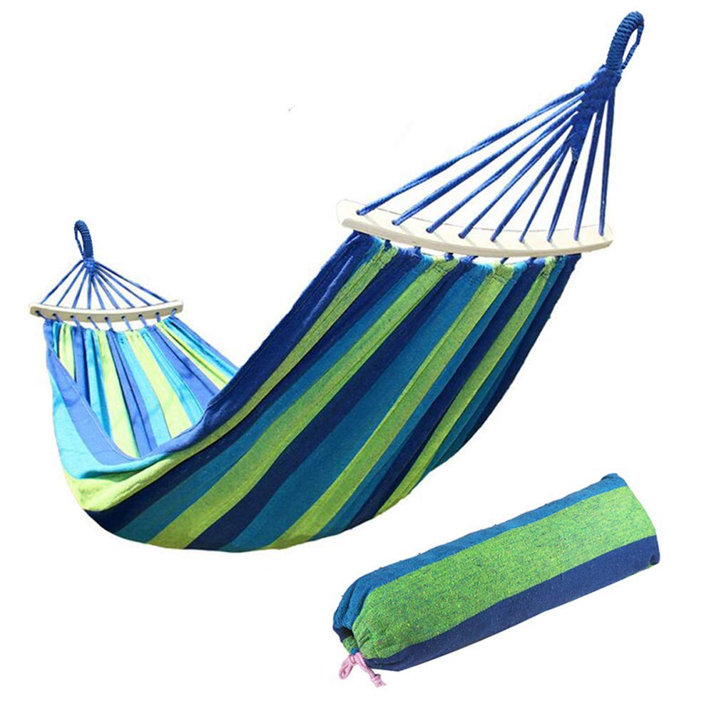 Ruixf Garden Hammock with Wooden Spread Bars and Carry Bag, Portable Canvas Striped Breathable Hammocks Perfect for Patio Yard Outdoors (M - 200cm X 100cm,Blue)