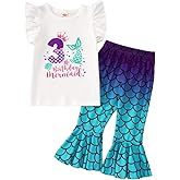 IZYJOY Birthday Mermaid Outfit Toddler Baby Girl 1st 2nd 3rd 4th 5th Ruffle Sleeve Romper Top Flared Pant Set Summer Clothes