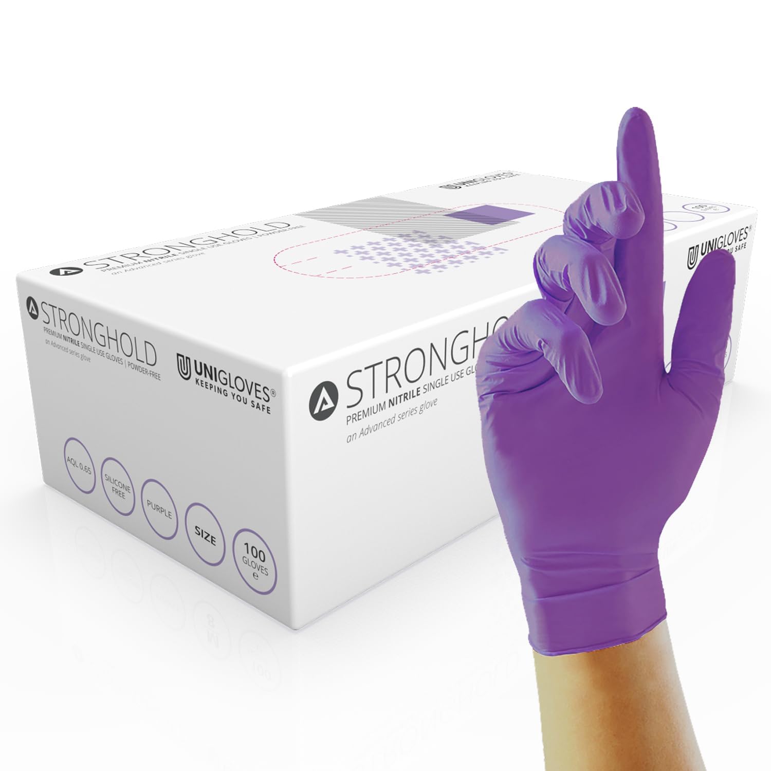 Unigloves Stronghold GM0061 Nitrile Examination - Multipurpose, Powder Free and Latex Free Disposable Gloves, AQL 0.65, Box of 100 Gloves, Purple, Extra Small