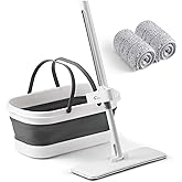 Oshang Flat Mop and Collapsible Bucket OG7 with Wheels, 2 Washable Reusable Microfiber Pads, Pure White