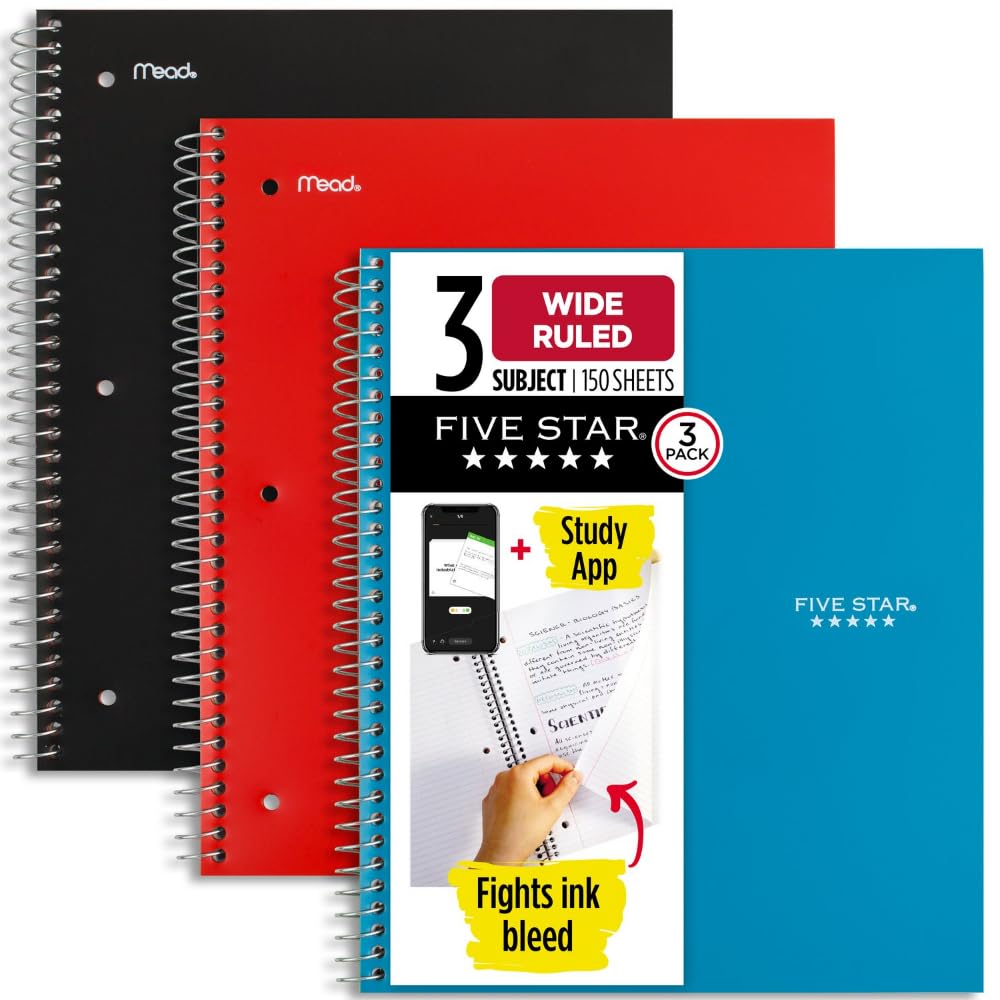 Five Star Spiral Notebook + Study App, 3 Pack, 3 Subject, Wide Ruled Paper, 8" x 10-1/2", Tidewater Blue, Fire Red, Black (930081)